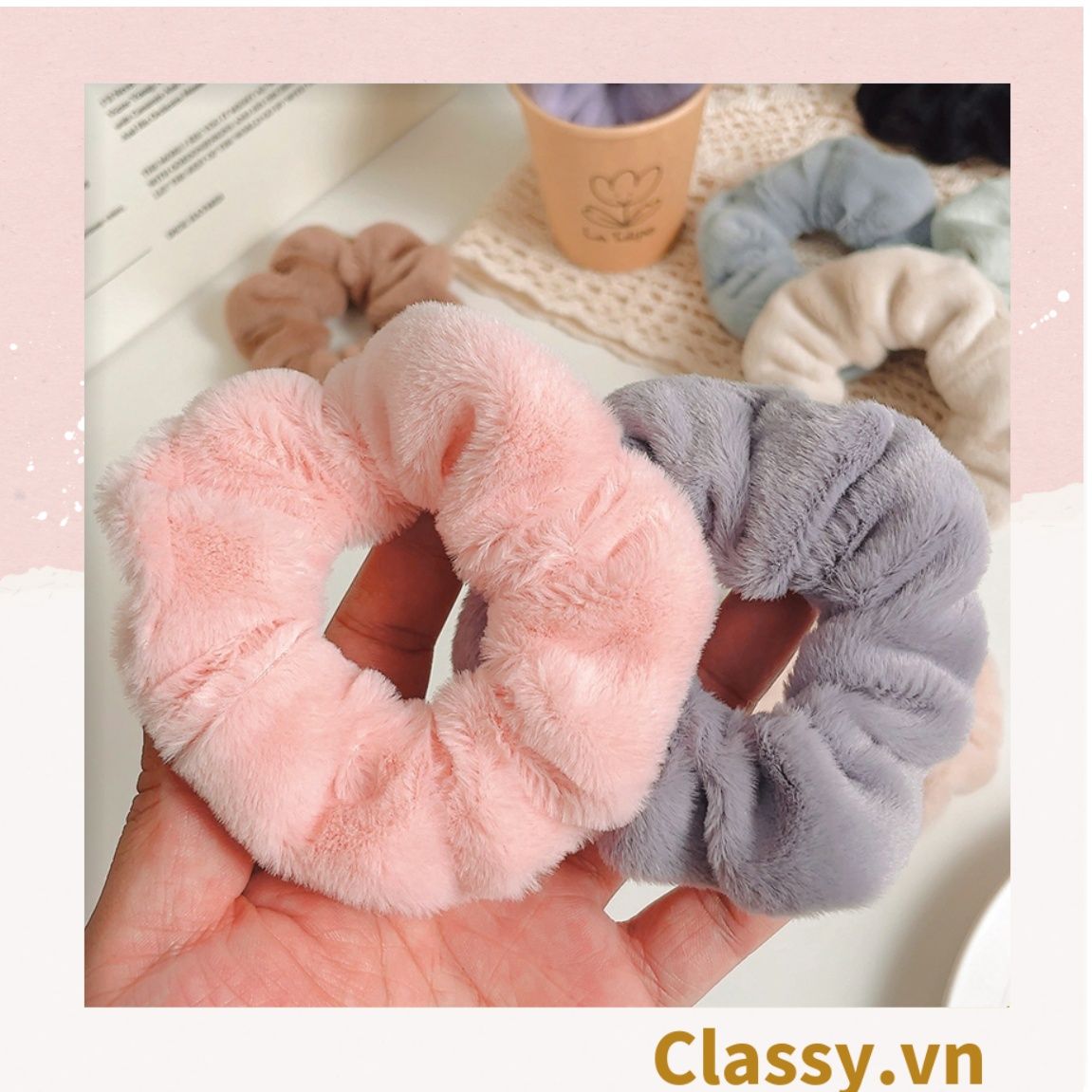  Dây cột tóc scrunchies bằng đính lông nhiều màu pastel nhã nhặn thanh lịch PK1678 