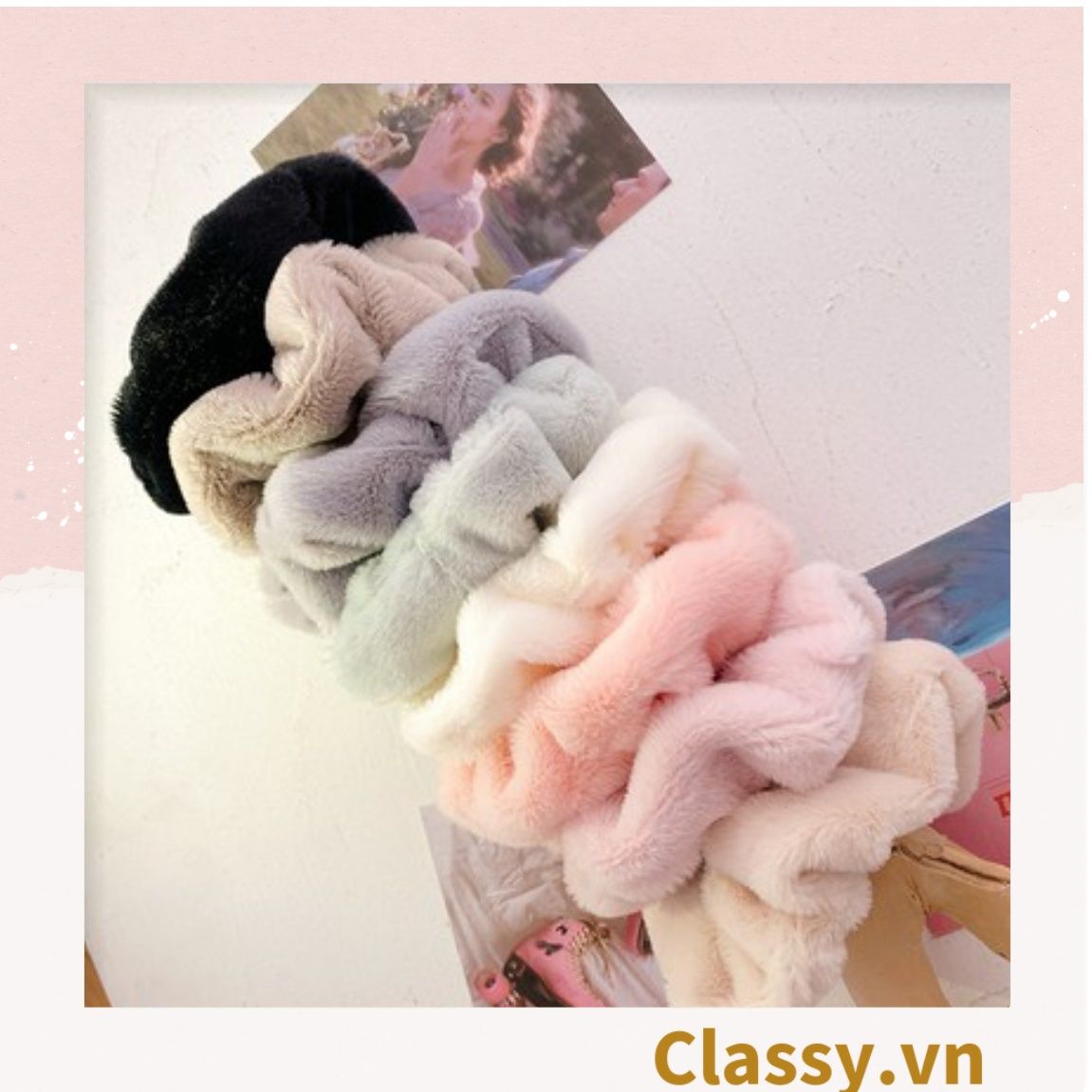  Dây cột tóc scrunchies bằng đính lông nhiều màu pastel nhã nhặn thanh lịch PK1678 