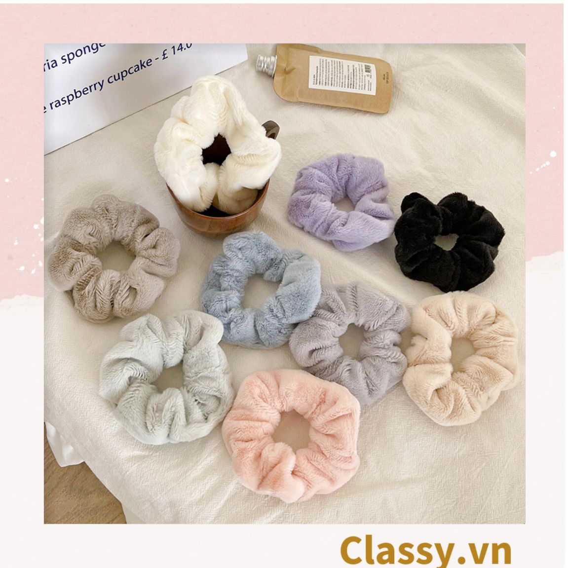  Dây cột tóc scrunchies bằng đính lông nhiều màu pastel nhã nhặn thanh lịch PK1678 