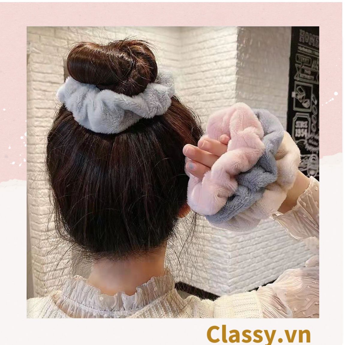  Dây cột tóc scrunchies bằng đính lông nhiều màu pastel nhã nhặn thanh lịch PK1678 