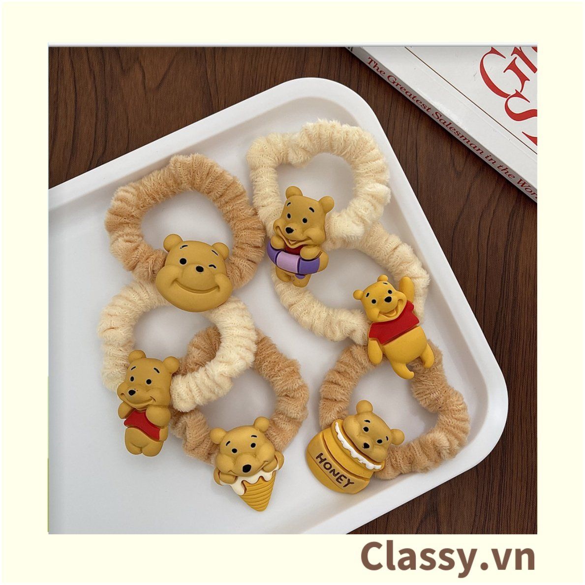 Classy Dây Thun dây Cột Tóc bọc vải satin phi bóng Họa Tiết gấu Pooh Dễ Thương Dành Cho Nữ PK1679