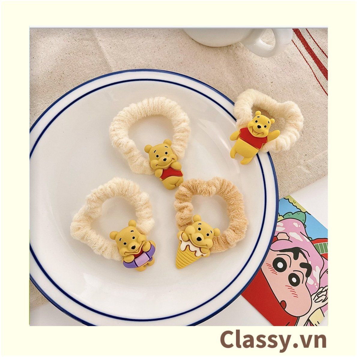Classy Dây Thun dây Cột Tóc bọc vải satin phi bóng Họa Tiết gấu Pooh Dễ Thương Dành Cho Nữ PK1679