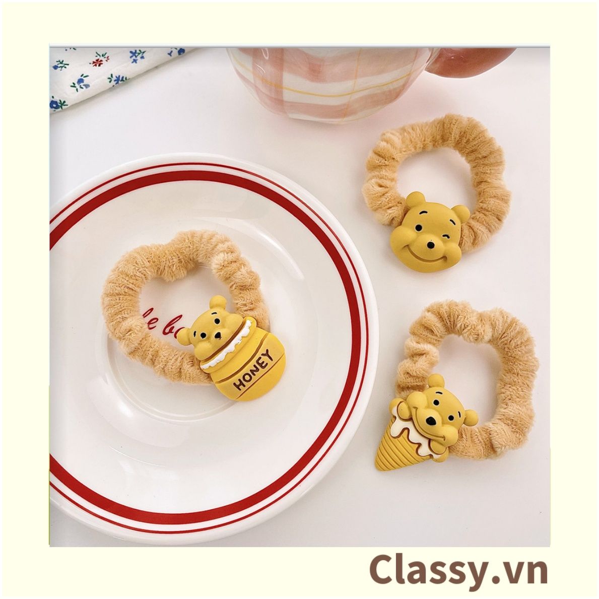 Classy Dây Thun dây Cột Tóc bọc vải satin phi bóng Họa Tiết gấu Pooh Dễ Thương Dành Cho Nữ PK1679