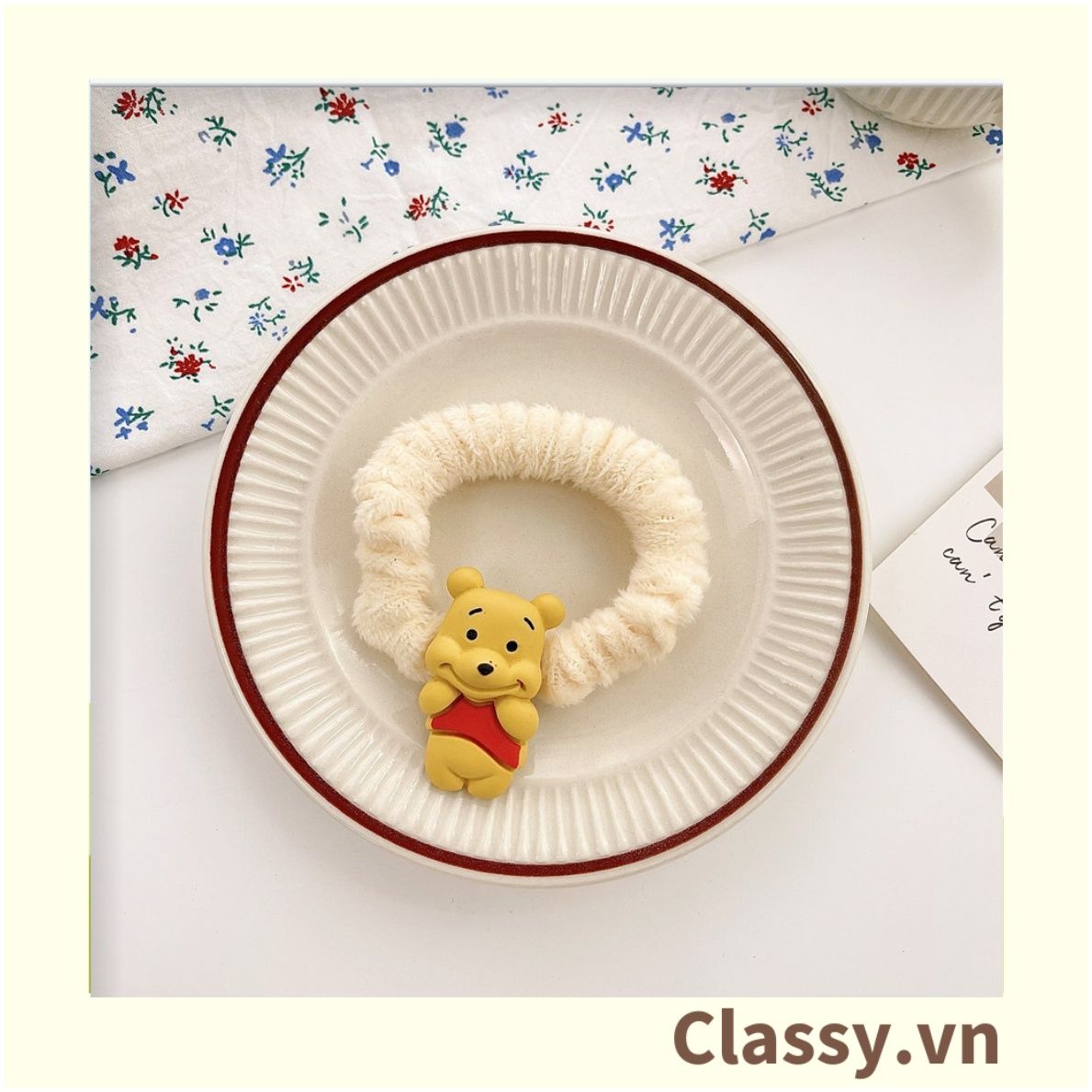 Classy Dây Thun dây Cột Tóc bọc vải satin phi bóng Họa Tiết gấu Pooh Dễ Thương Dành Cho Nữ PK1679