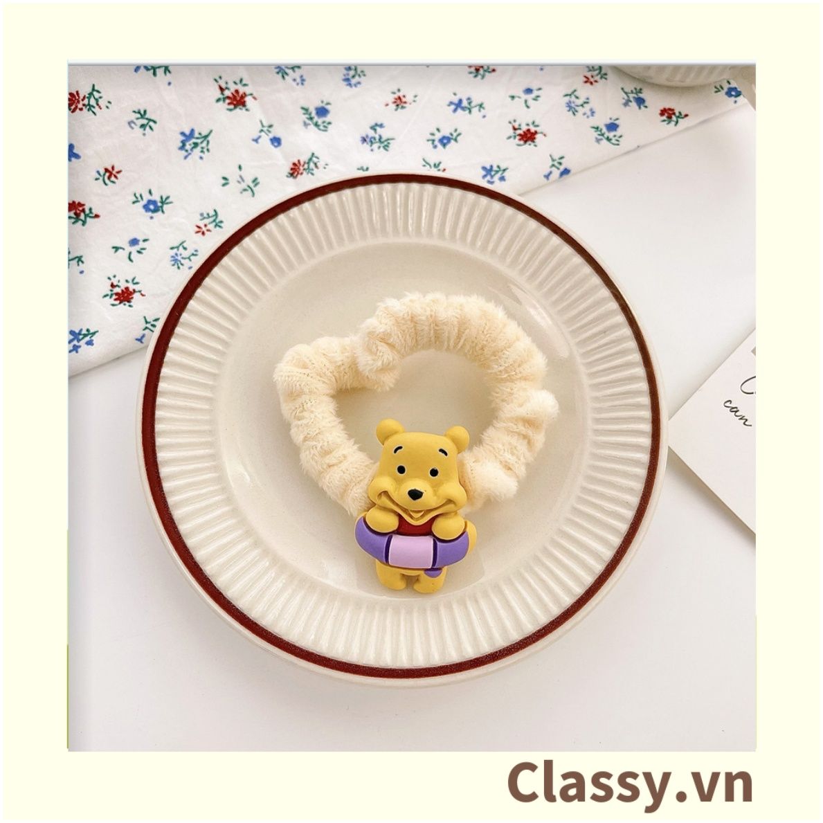 Classy Dây Thun dây Cột Tóc bọc vải satin phi bóng Họa Tiết gấu Pooh Dễ Thương Dành Cho Nữ PK1679