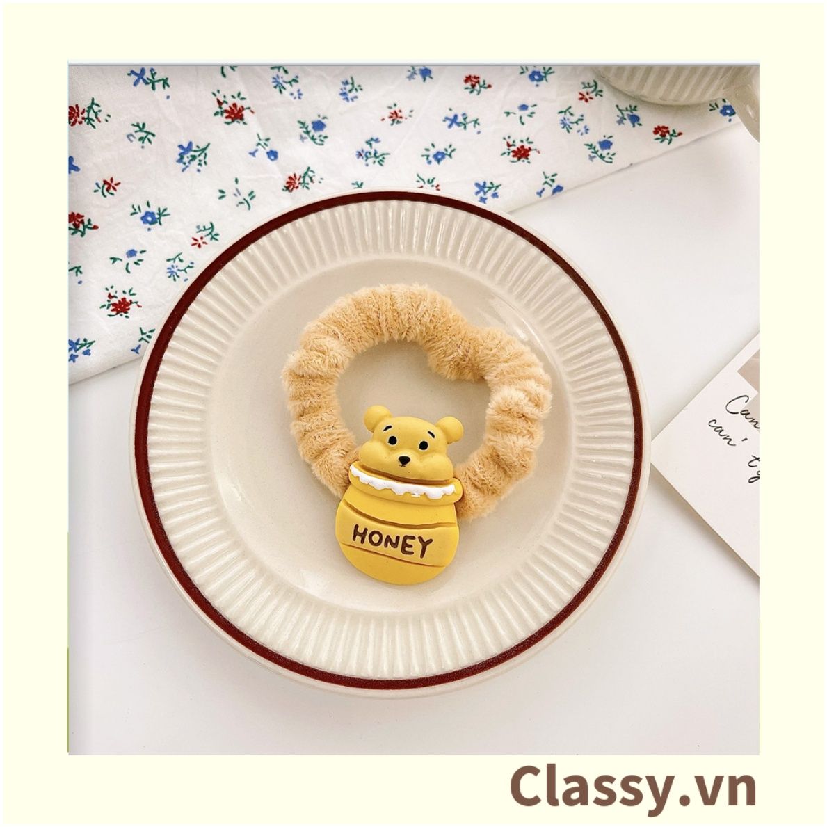 Classy Dây Thun dây Cột Tóc bọc vải satin phi bóng Họa Tiết gấu Pooh Dễ Thương Dành Cho Nữ PK1679