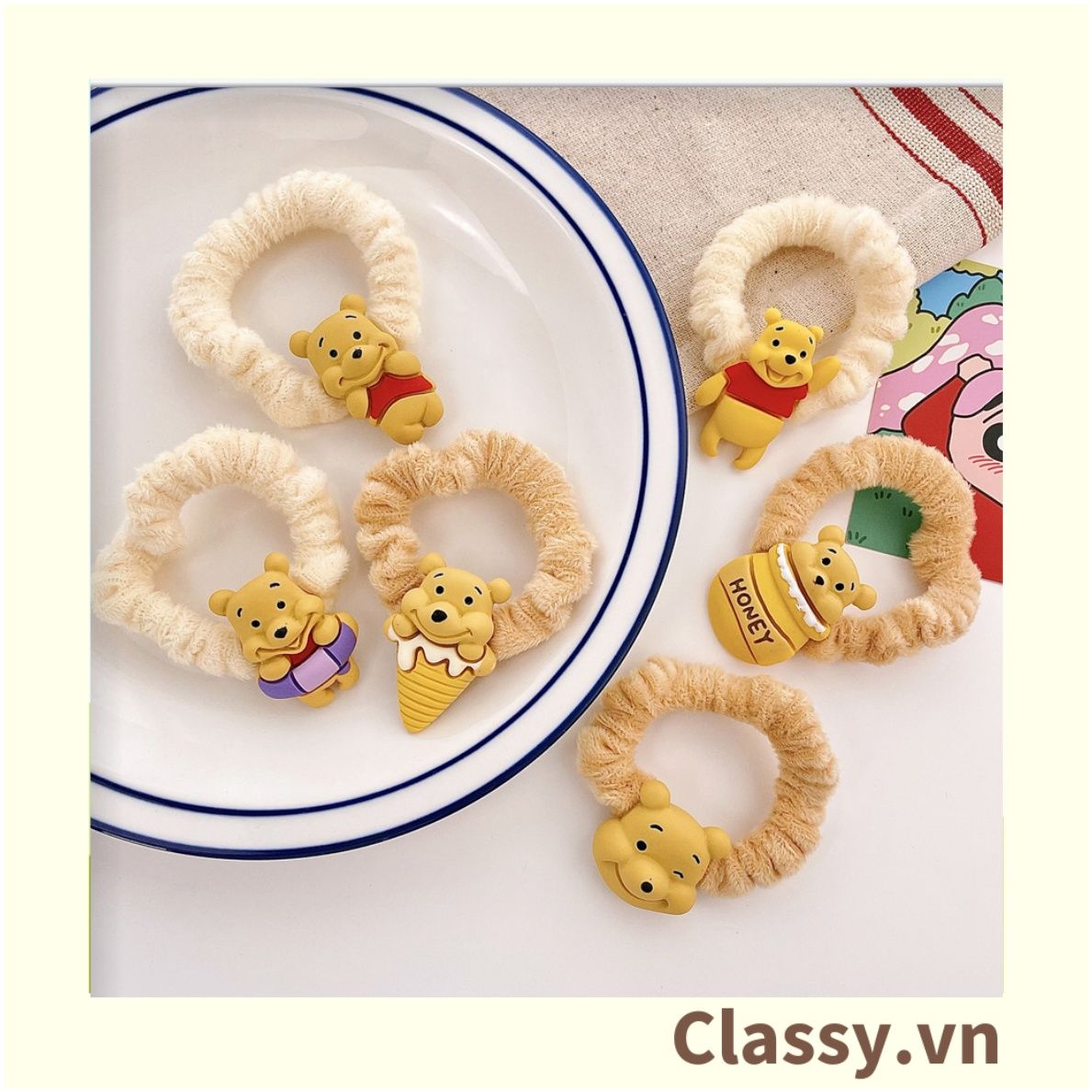 Classy Dây Thun dây Cột Tóc bọc vải satin phi bóng Họa Tiết gấu Pooh Dễ Thương Dành Cho Nữ PK1679