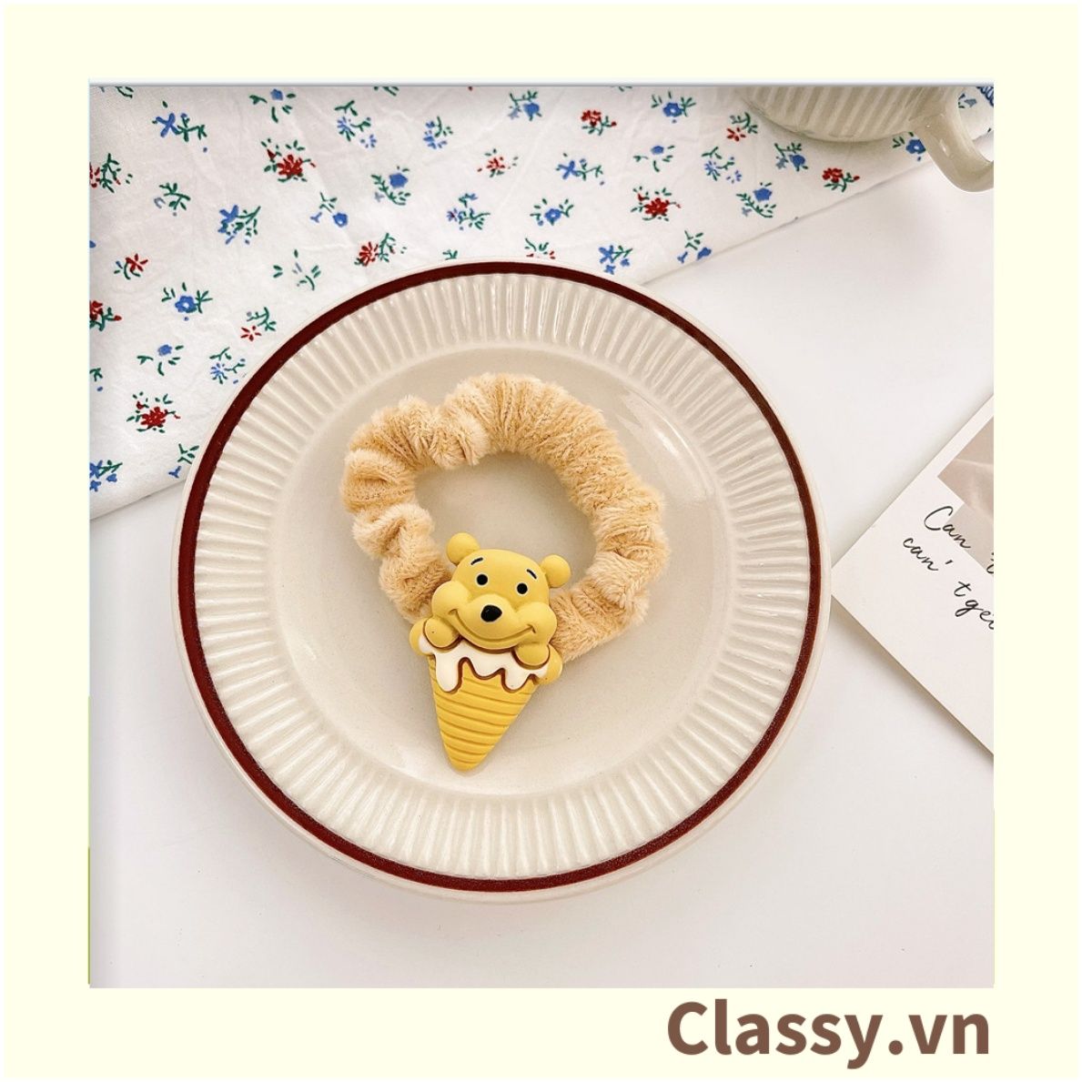 Classy Dây Thun dây Cột Tóc bọc vải satin phi bóng Họa Tiết gấu Pooh Dễ Thương Dành Cho Nữ PK1679