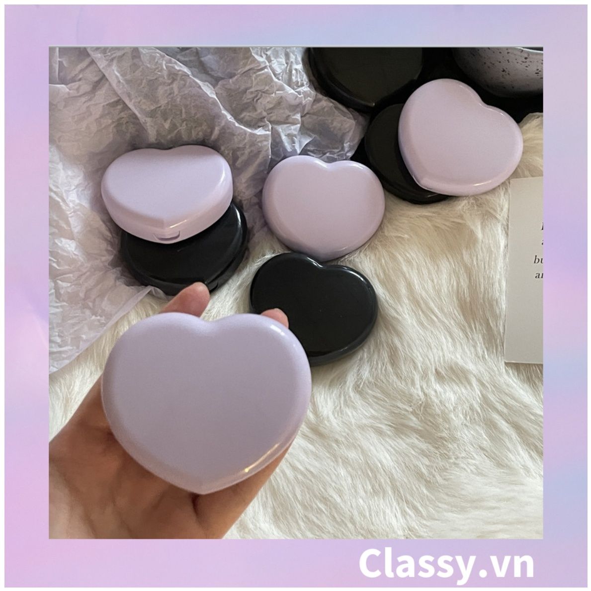 Classy Hộp đựng kính áp tròng Kèm Gương Và Nhíp tông màu pastel nhẹ nhàng, hình trái tim đơn sắc PK1688