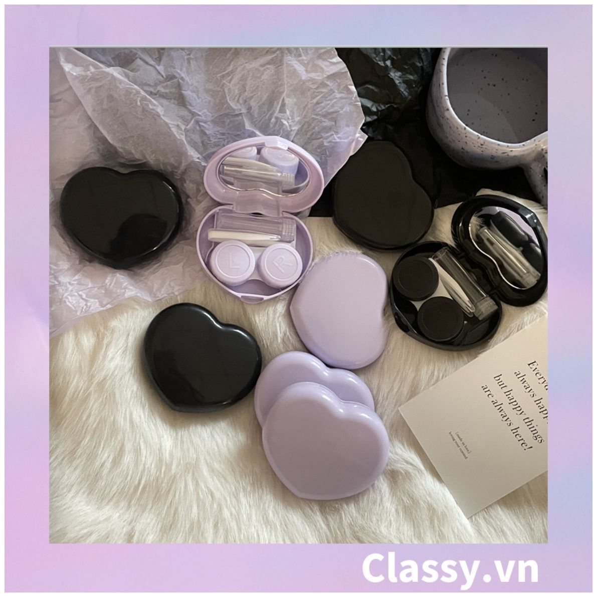 Classy Hộp đựng kính áp tròng Kèm Gương Và Nhíp tông màu pastel nhẹ nhàng, hình trái tim đơn sắc PK1688