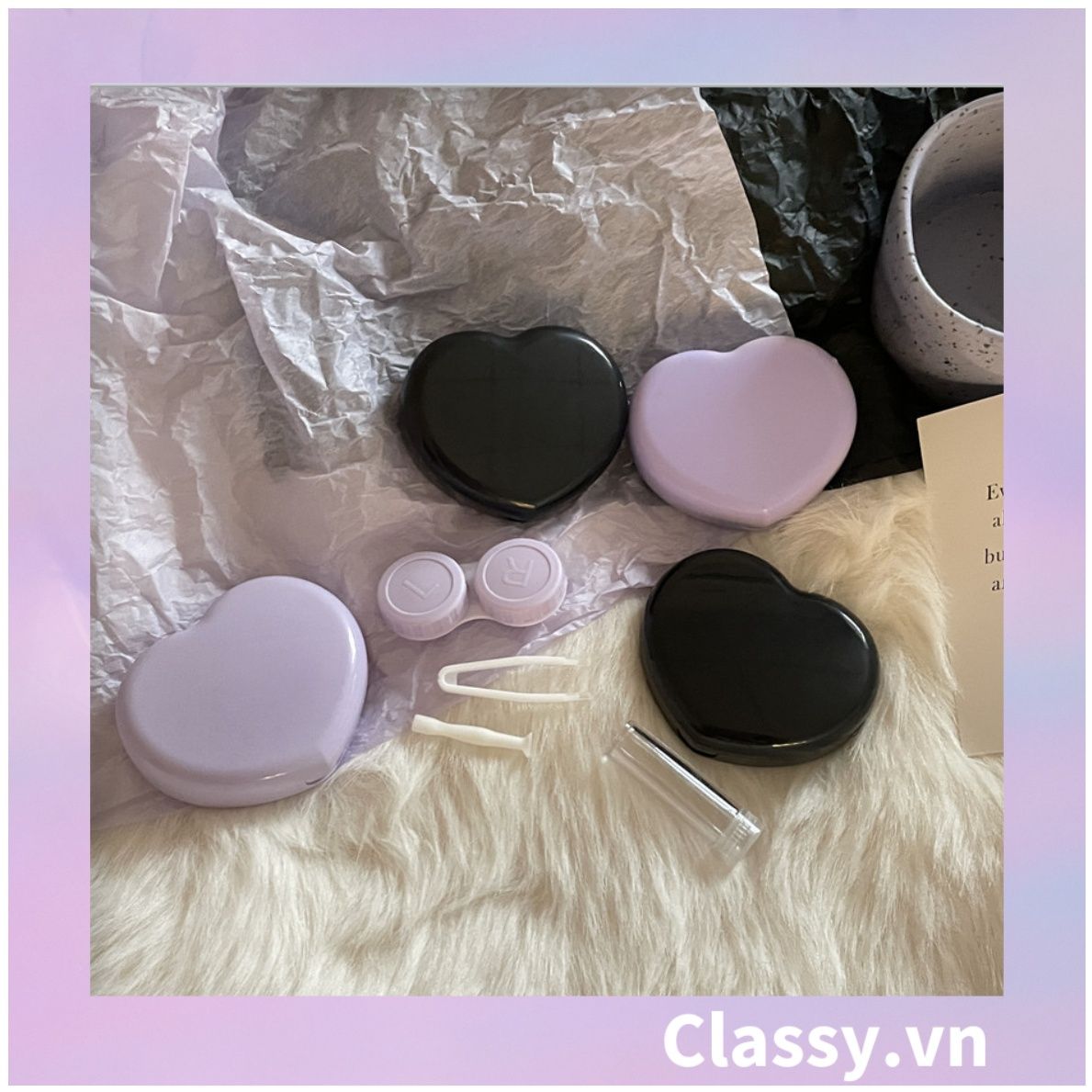Classy Hộp đựng kính áp tròng Kèm Gương Và Nhíp tông màu pastel nhẹ nhàng, hình trái tim đơn sắc PK1688