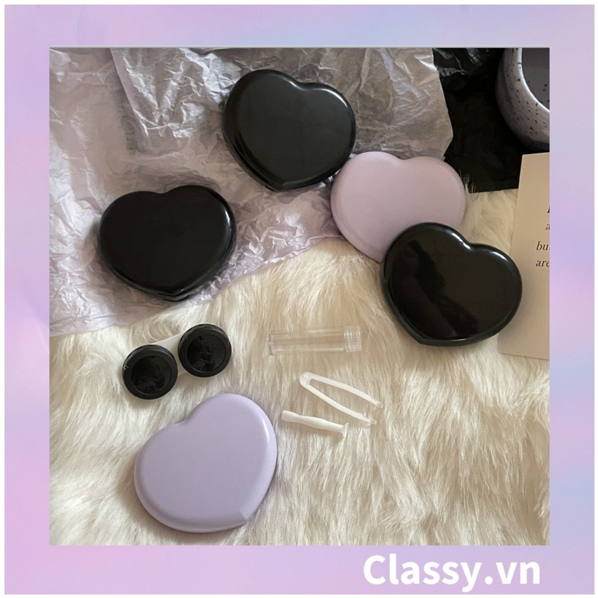Classy Hộp đựng kính áp tròng Kèm Gương Và Nhíp tông màu pastel nhẹ nhàng, hình trái tim đơn sắc PK1688