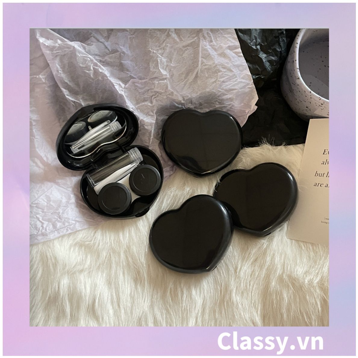 Classy Hộp đựng kính áp tròng Kèm Gương Và Nhíp tông màu pastel nhẹ nhàng, hình trái tim đơn sắc PK1688