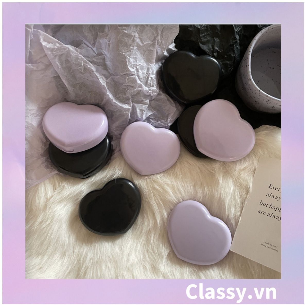 Classy Hộp đựng kính áp tròng Kèm Gương Và Nhíp tông màu pastel nhẹ nhàng, hình trái tim đơn sắc PK1688