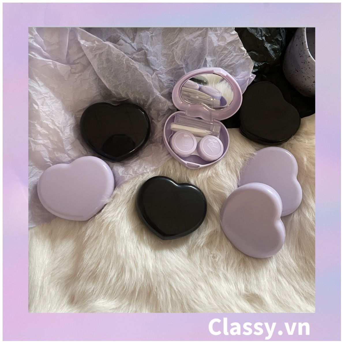 Classy Hộp đựng kính áp tròng Kèm Gương Và Nhíp tông màu pastel nhẹ nhàng, hình trái tim đơn sắc PK1688