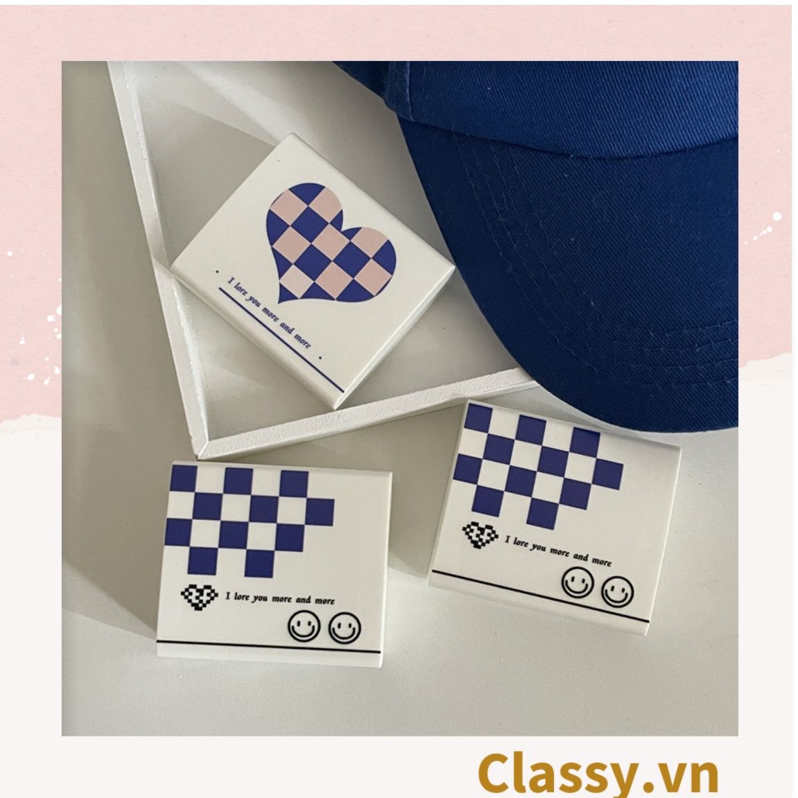 Classy Hộp đựng kính áp tròng kèm gương tông màu trắng họa tiết kẻ sọc caro mix nhẹ nhàng (Classy giao ngẫu nhiên) PK1692