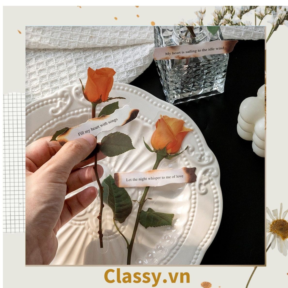 08 miếng Sticker Vintage hình hoa nhỉ thanh lịch dán sổ, dán laptop, điện thoại, đàn guitar, mũ bảo hiểm, vali, ipad PK1710