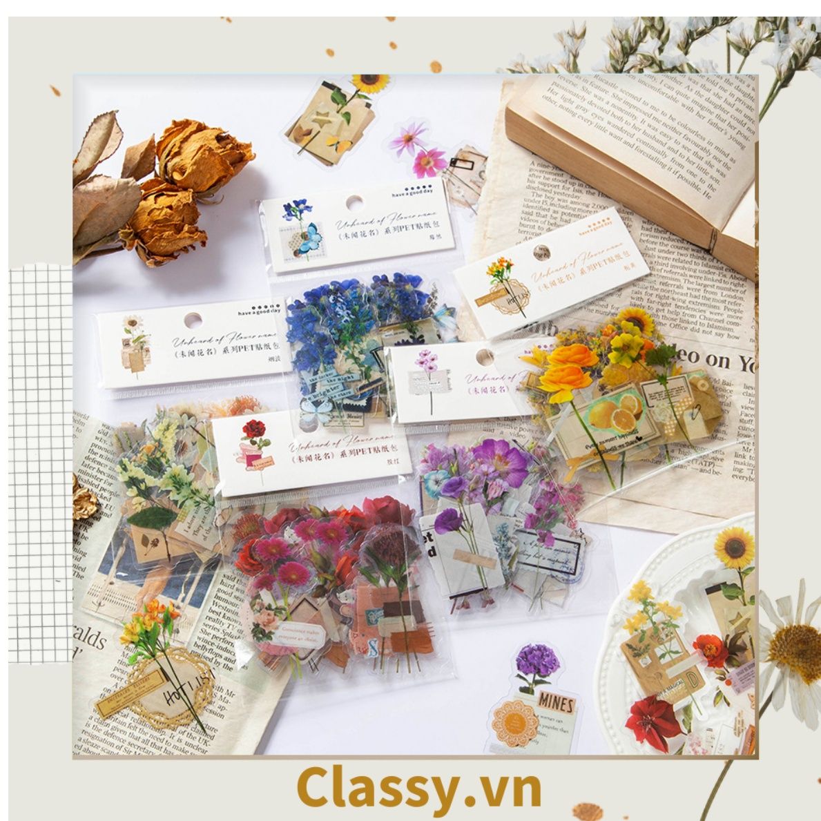 08 miếng Sticker Vintage hình hoa nhỉ thanh lịch dán sổ, dán laptop, điện thoại, đàn guitar, mũ bảo hiểm, vali, ipad PK1710