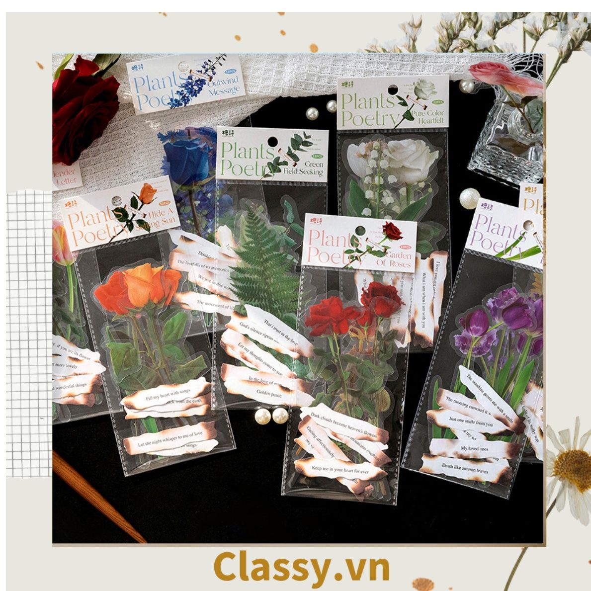 08 miếng Sticker Vintage hình hoa nhỉ thanh lịch dán sổ, dán laptop, điện thoại, đàn guitar, mũ bảo hiểm, vali, ipad PK1710