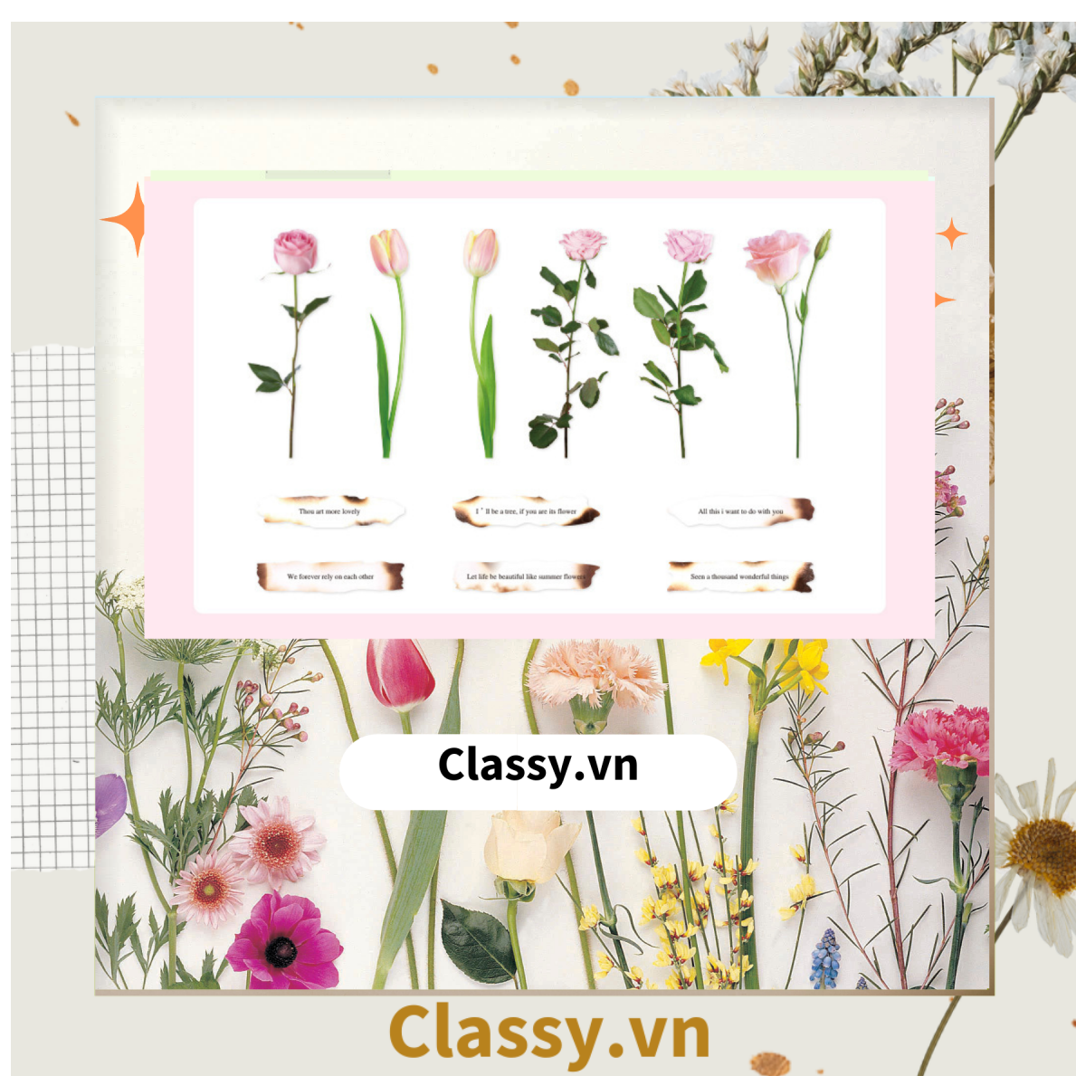 08 miếng Sticker Vintage hình hoa nhỉ thanh lịch dán sổ, dán laptop, điện thoại, đàn guitar, mũ bảo hiểm, vali, ipad PK1710