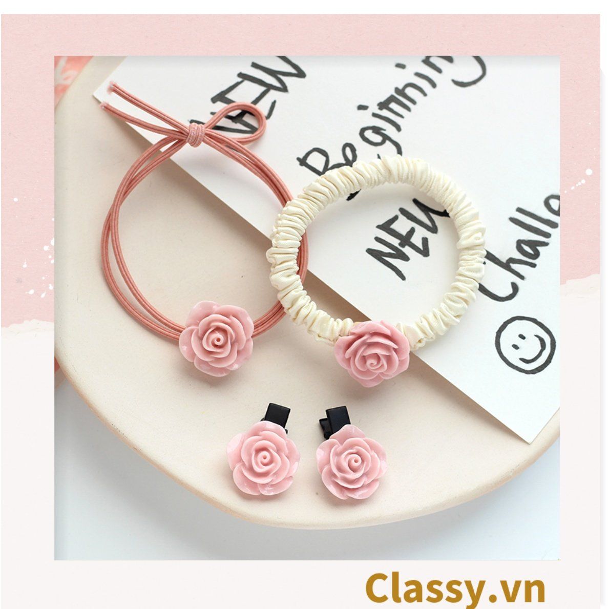 01 dây cột tóc buộc tóc đính hình hoa hồng dịu dàng xinh xắn, chất liệu bền cột rất chắc PK1711