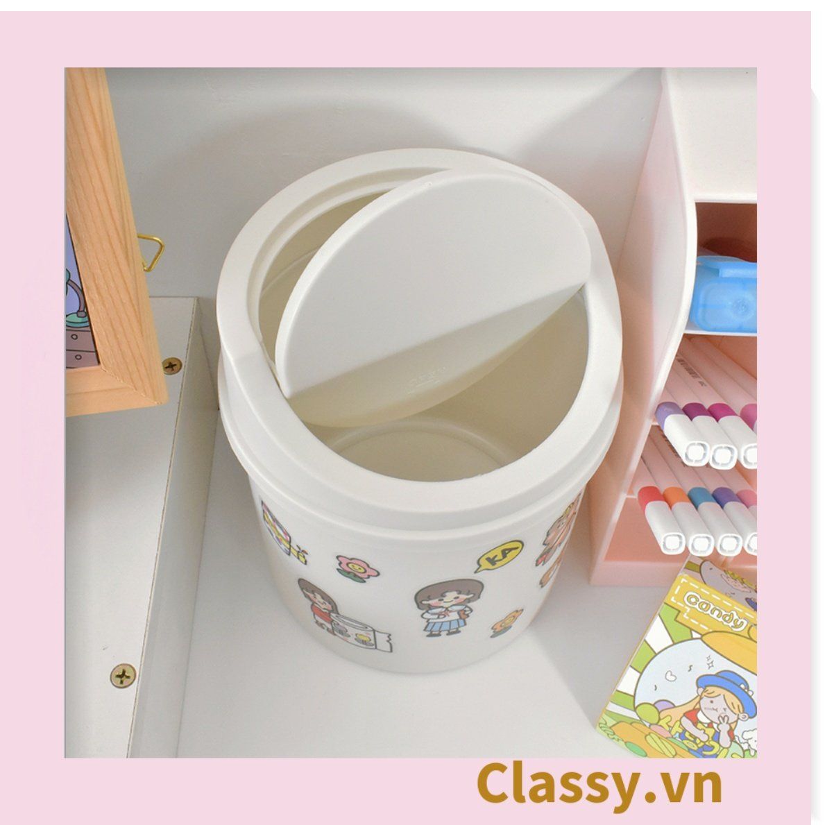 (THÙNG TRƠN) Thùng rác mini, hộp đựng nhỏ hình chiếc xô để bàn học bàn làm việc có nắp đậy tiện lợi PK1732