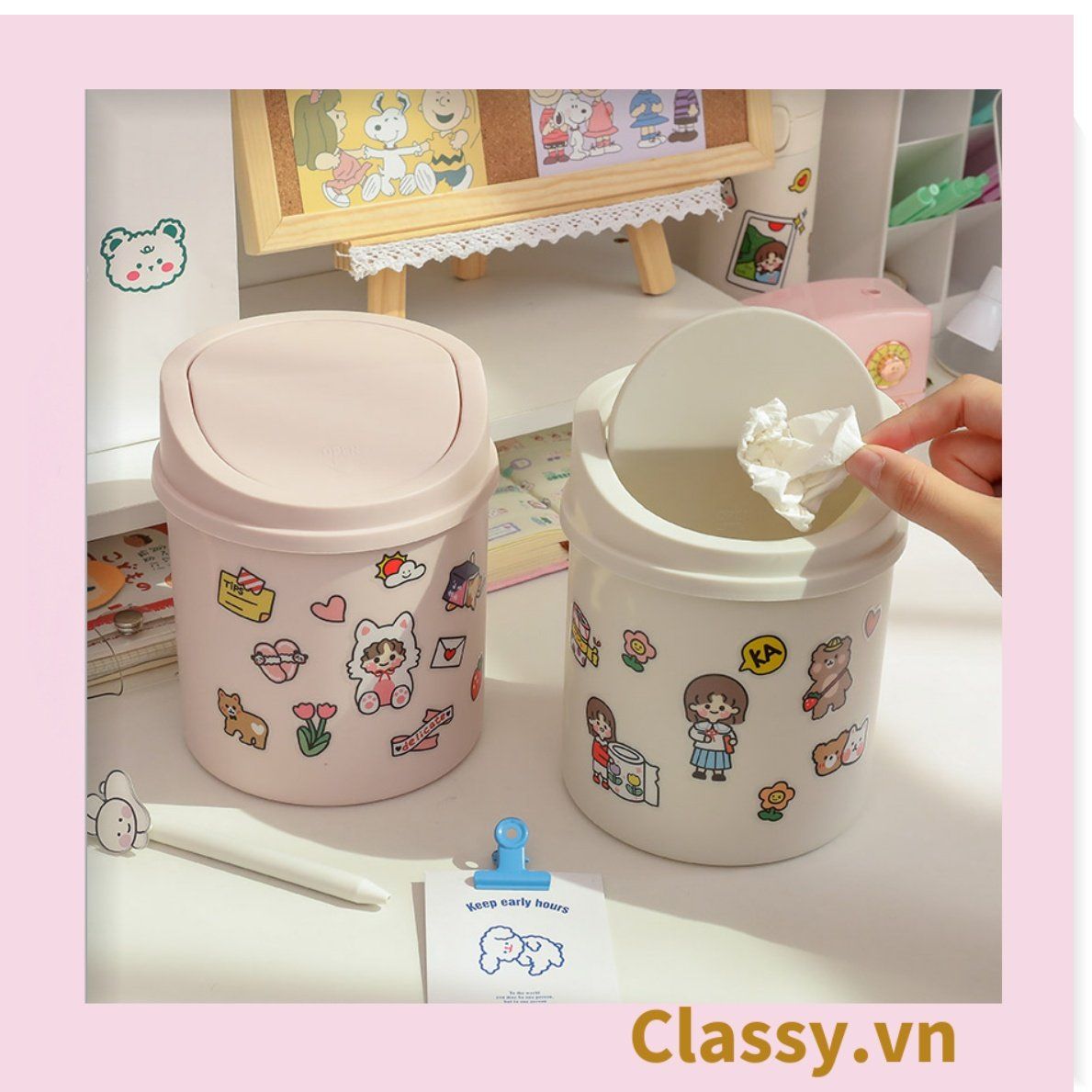 (THÙNG TRƠN) Thùng rác mini, hộp đựng nhỏ hình chiếc xô để bàn học bàn làm việc có nắp đậy tiện lợi PK1732