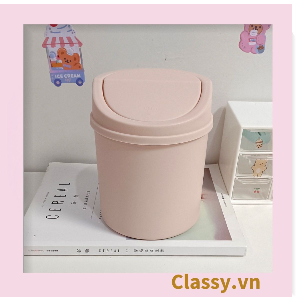 (THÙNG TRƠN) Thùng rác mini, hộp đựng nhỏ hình chiếc xô để bàn học bàn làm việc có nắp đậy tiện lợi PK1732