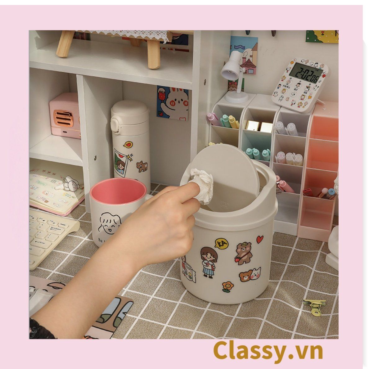(THÙNG TRƠN) Thùng rác mini, hộp đựng nhỏ hình chiếc xô để bàn học bàn làm việc có nắp đậy tiện lợi PK1732