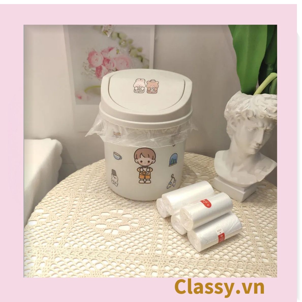 (THÙNG TRƠN) Thùng rác mini, hộp đựng nhỏ hình chiếc xô để bàn học bàn làm việc có nắp đậy tiện lợi PK1732