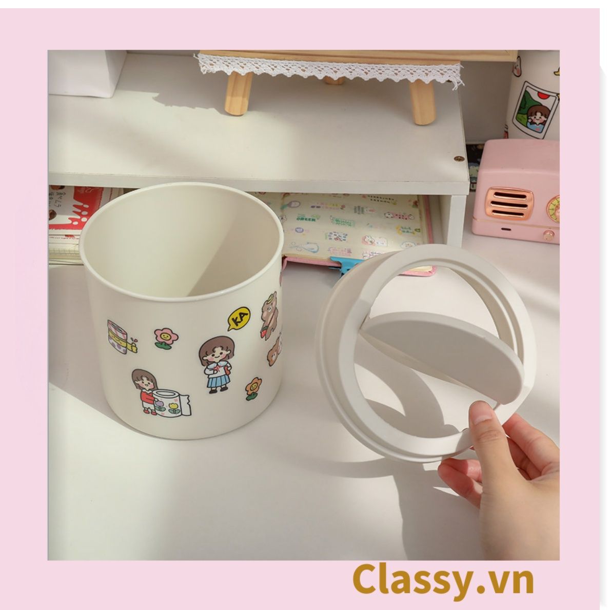 (THÙNG TRƠN) Thùng rác mini, hộp đựng nhỏ hình chiếc xô để bàn học bàn làm việc có nắp đậy tiện lợi PK1732