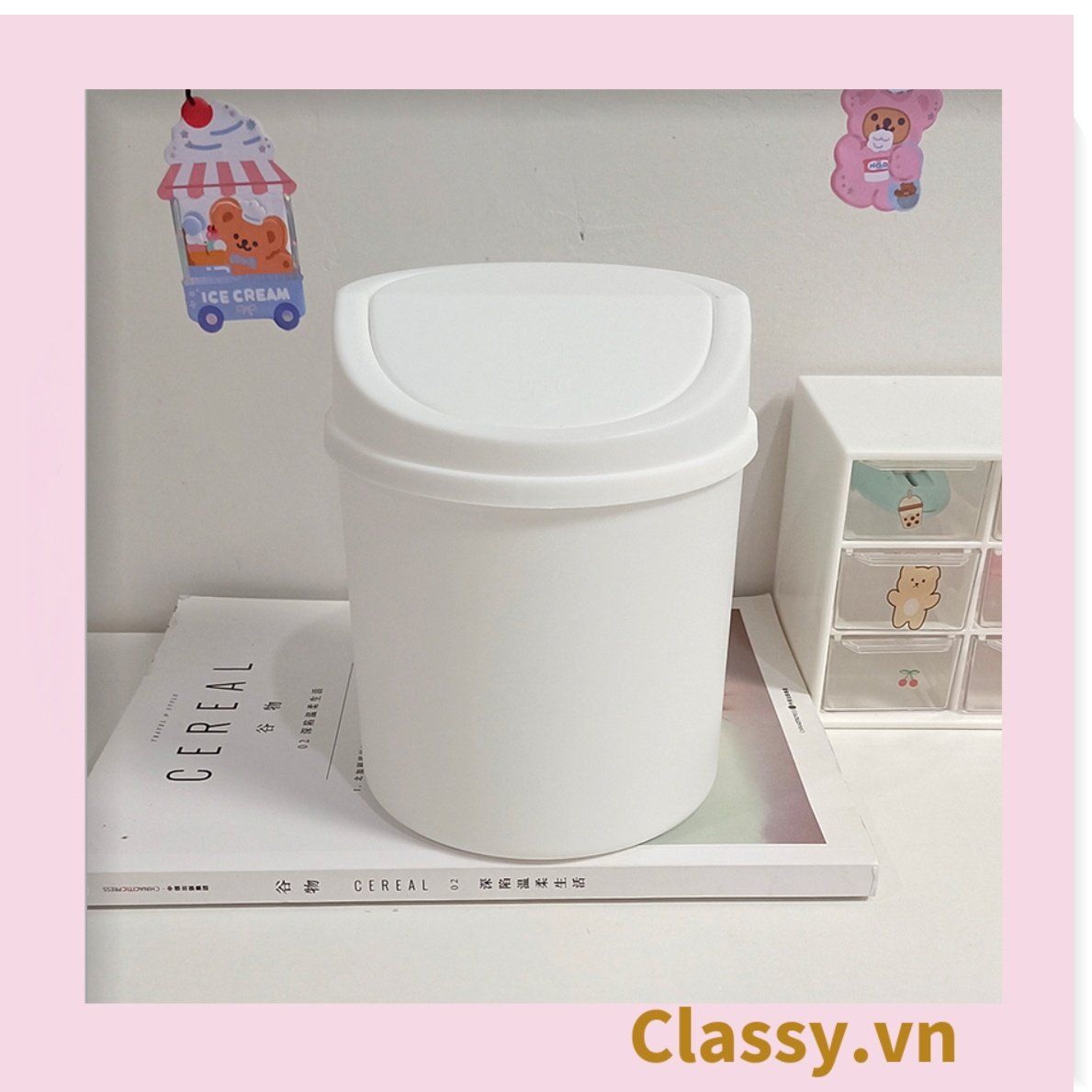 (THÙNG TRƠN) Thùng rác mini, hộp đựng nhỏ hình chiếc xô để bàn học bàn làm việc có nắp đậy tiện lợi PK1732