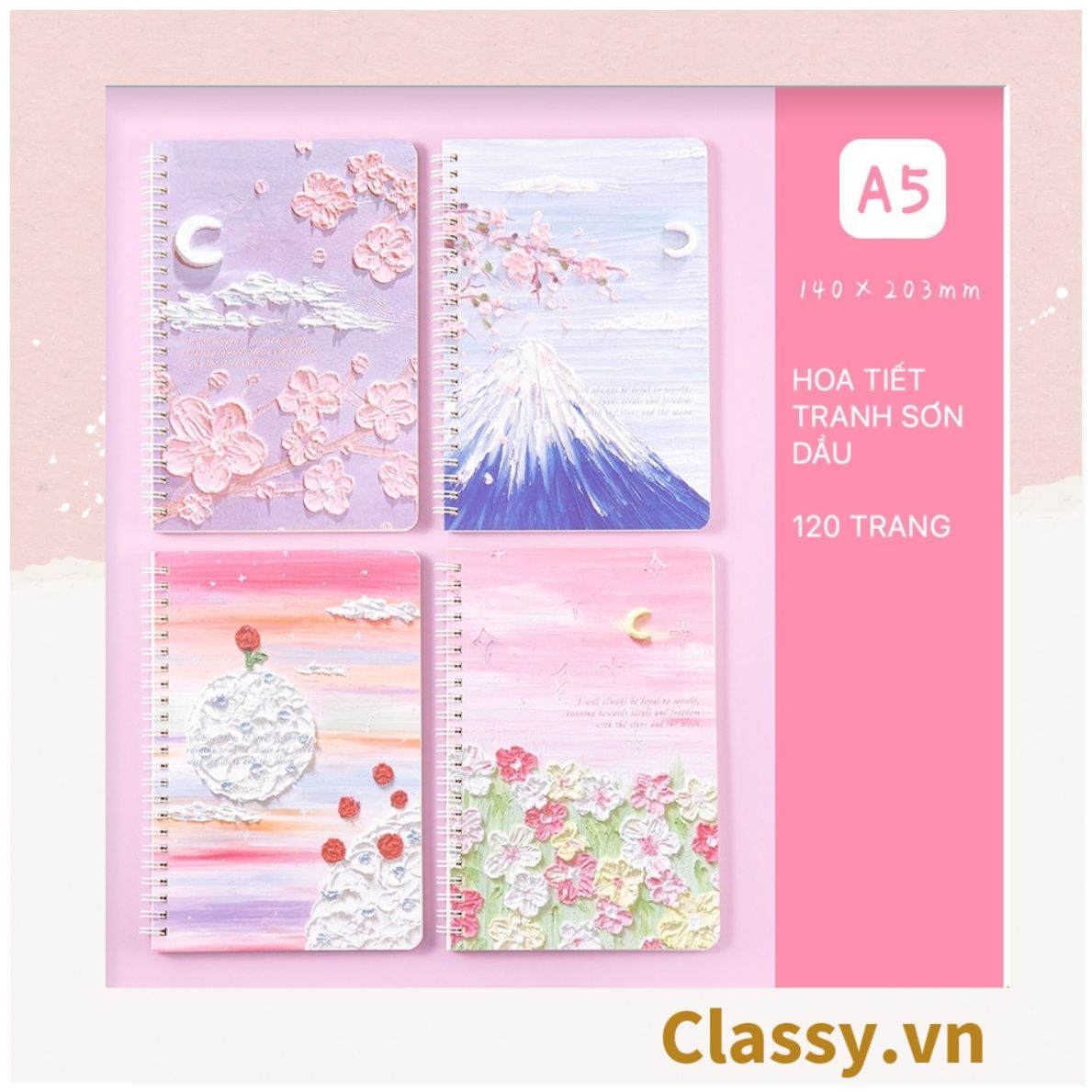 Sổ tay lò xo ghi chép A5 gáy xoắn 120 trang Classy- Giấy kẻ ngang chống lóa mắt Tập Vở Học Sinh Ghi Bài Takenote Planner họa tiết tranh sơn dầu PK1738