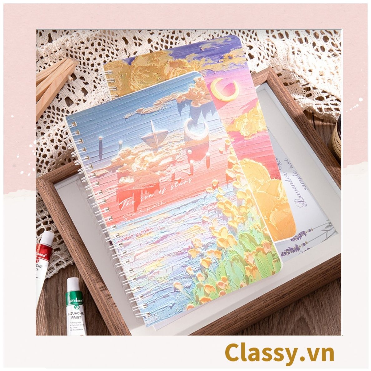 Sổ tay lò xo ghi chép A5 gáy xoắn 120 trang Classy- Giấy kẻ ngang chống lóa mắt Tập Vở Học Sinh Ghi Bài Takenote Planner họa tiết tranh sơn dầu PK1738