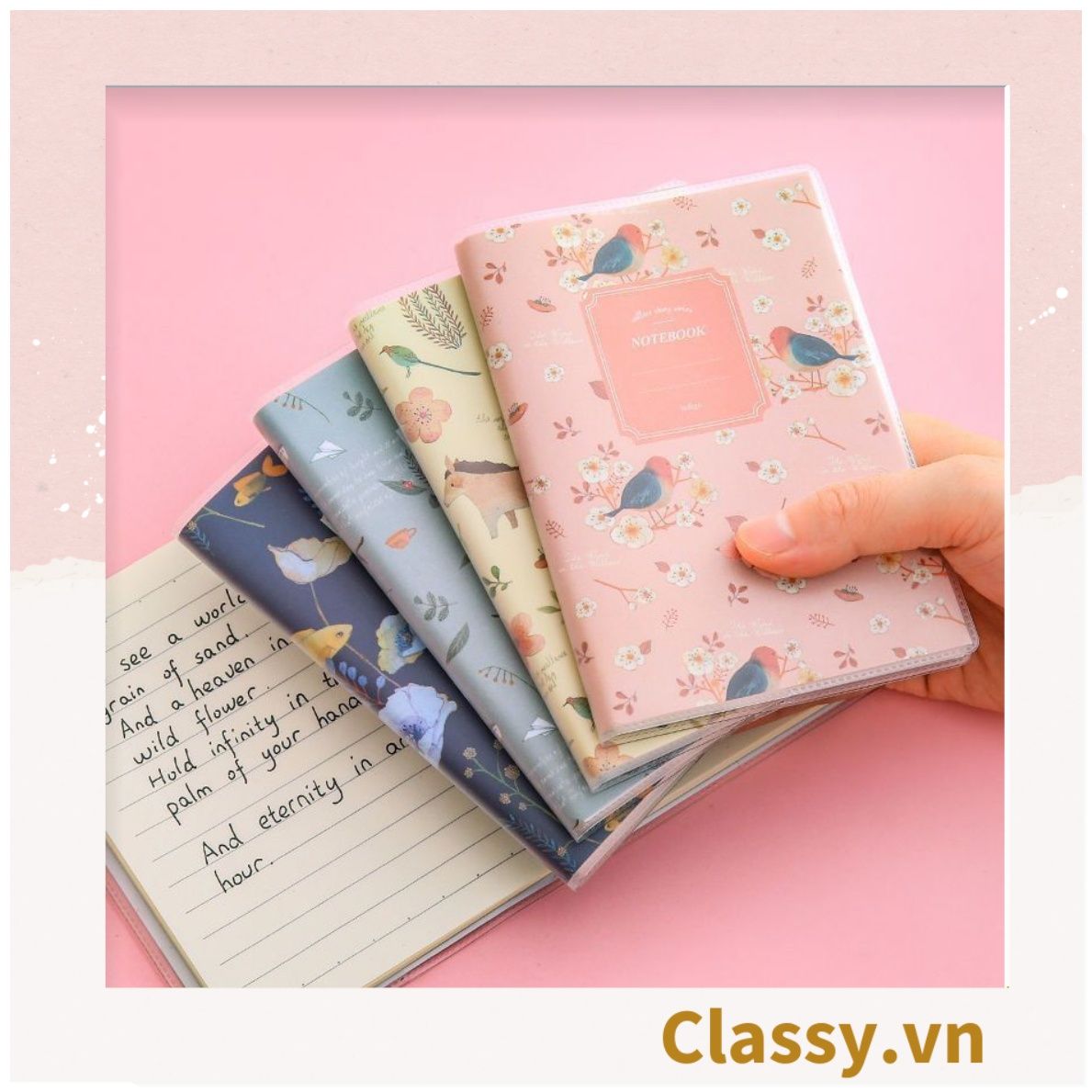 Sổ tay ghi chép A6 60 trang bìa trong suốt Classy- Giấy kẻ ngang chống lóa mắt họa tiết hoa vintage PK1744