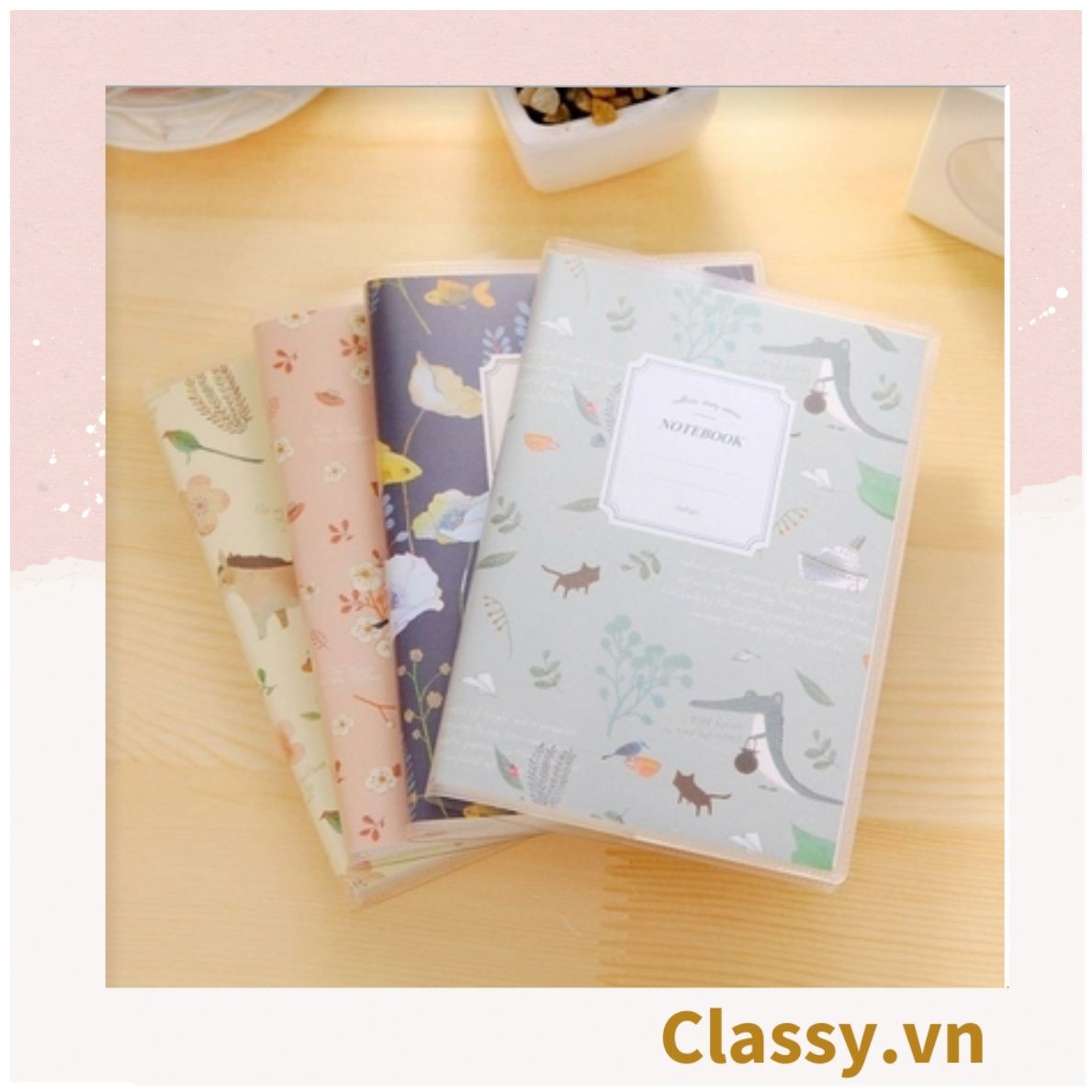 Sổ tay ghi chép A6 60 trang bìa trong suốt Classy- Giấy kẻ ngang chống lóa mắt họa tiết hoa vintage PK1744