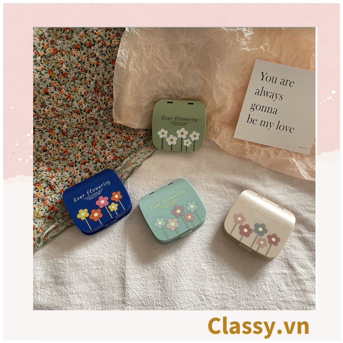 Hộp đựng kính áp tròng vintage Kèm Gương Và Nhíp họa tiết hoa nhẹ nhàng, thanh lịch PK1770