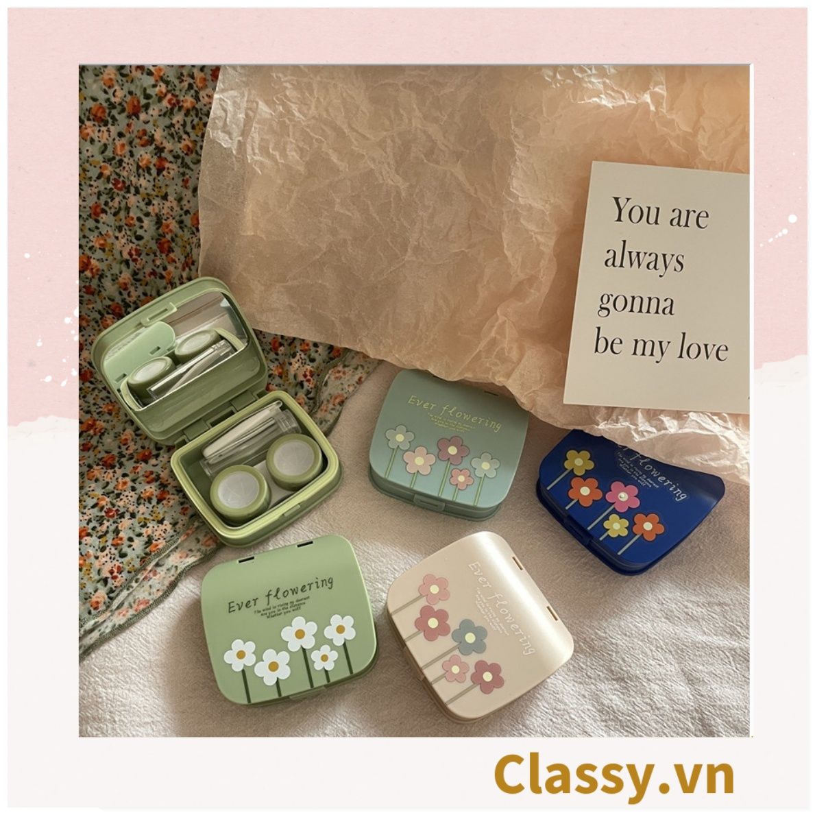 Hộp đựng kính áp tròng vintage Kèm Gương Và Nhíp họa tiết hoa nhẹ nhàng, thanh lịch PK1770