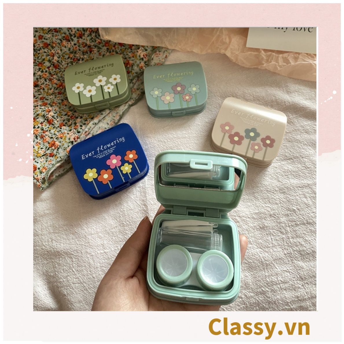 Hộp đựng kính áp tròng vintage Kèm Gương Và Nhíp họa tiết hoa nhẹ nhàng, thanh lịch PK1770