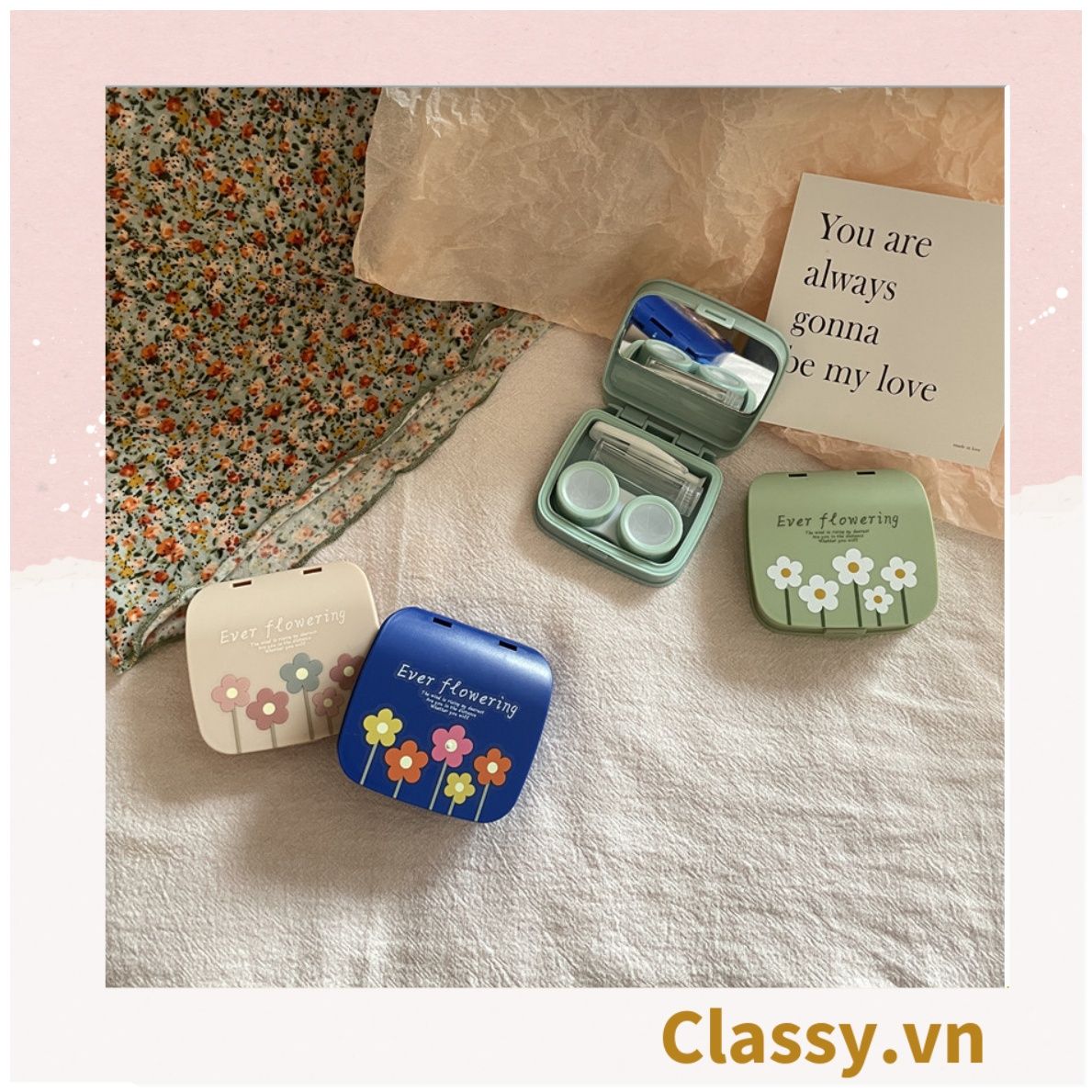 Hộp đựng kính áp tròng vintage Kèm Gương Và Nhíp họa tiết hoa nhẹ nhàng, thanh lịch PK1770