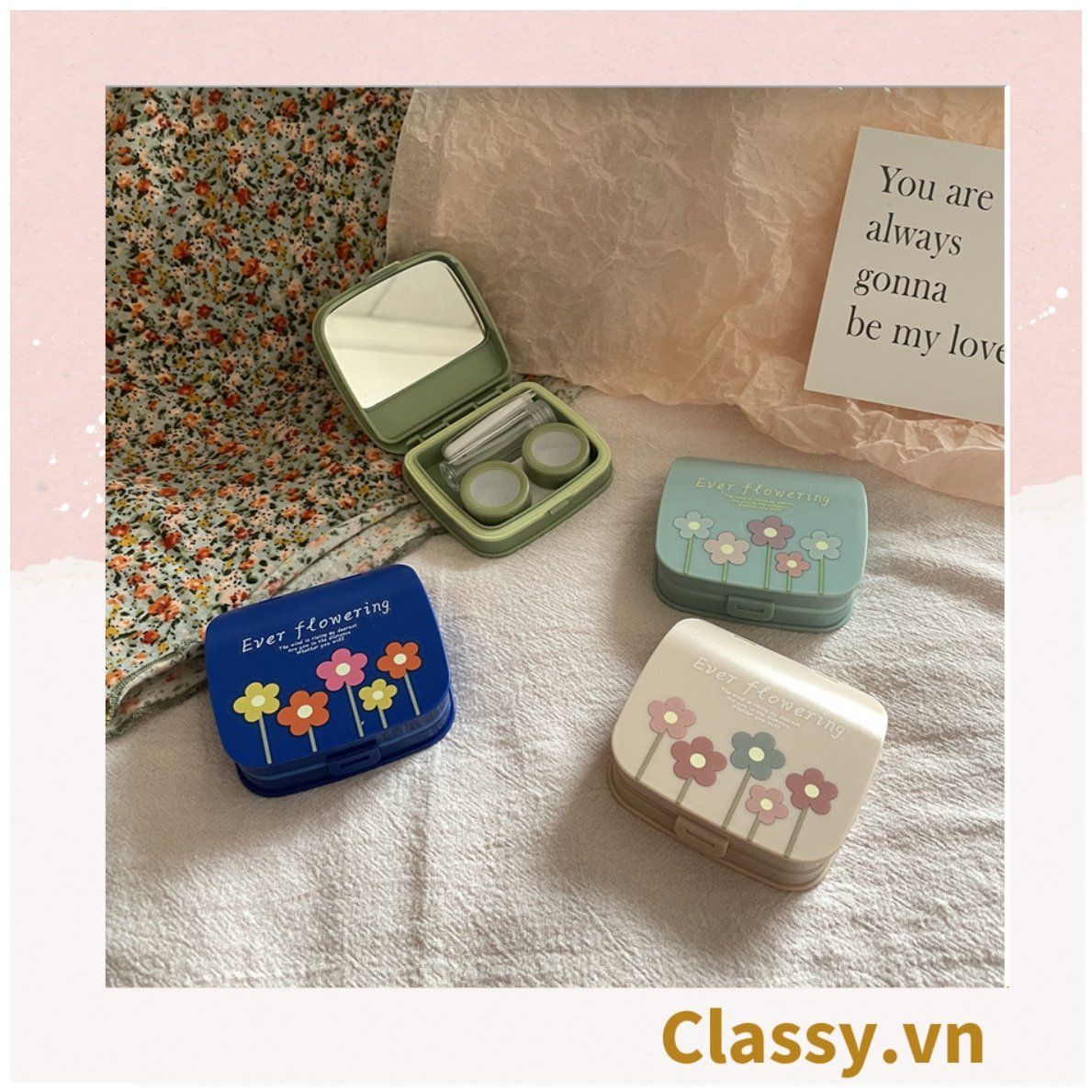 Hộp đựng kính áp tròng vintage Kèm Gương Và Nhíp họa tiết hoa nhẹ nhàng, thanh lịch PK1770