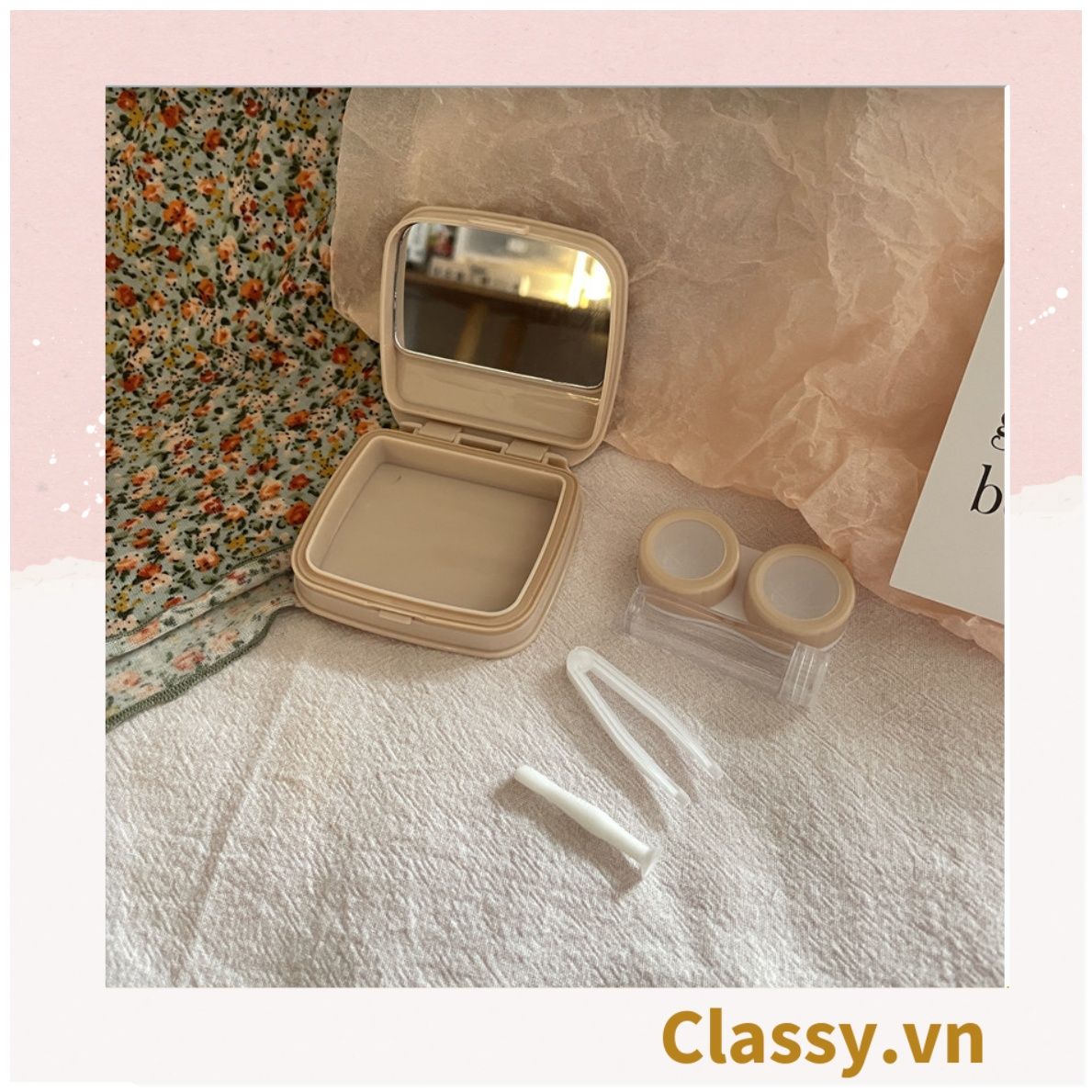 Hộp đựng kính áp tròng vintage Kèm Gương Và Nhíp họa tiết hoa nhẹ nhàng, thanh lịch PK1770
