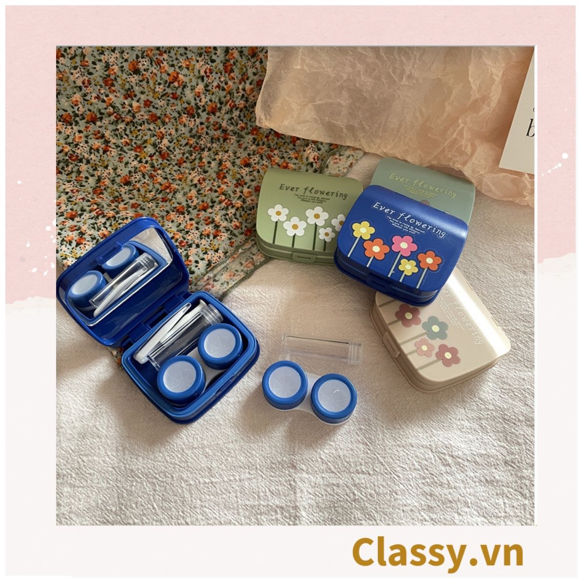 Hộp đựng kính áp tròng vintage Kèm Gương Và Nhíp họa tiết hoa nhẹ nhàng, thanh lịch PK1770