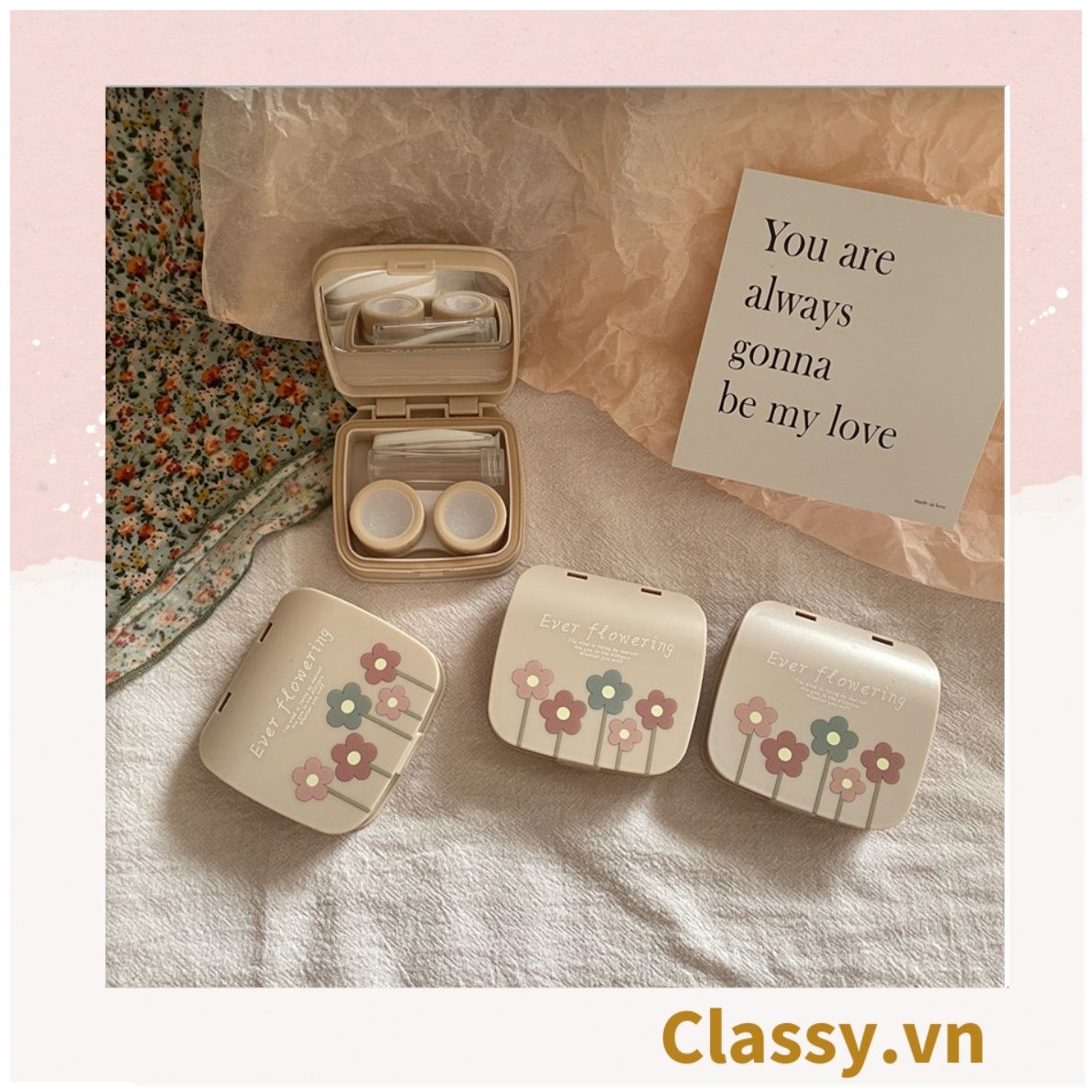Hộp đựng kính áp tròng vintage Kèm Gương Và Nhíp họa tiết hoa nhẹ nhàng, thanh lịch PK1770