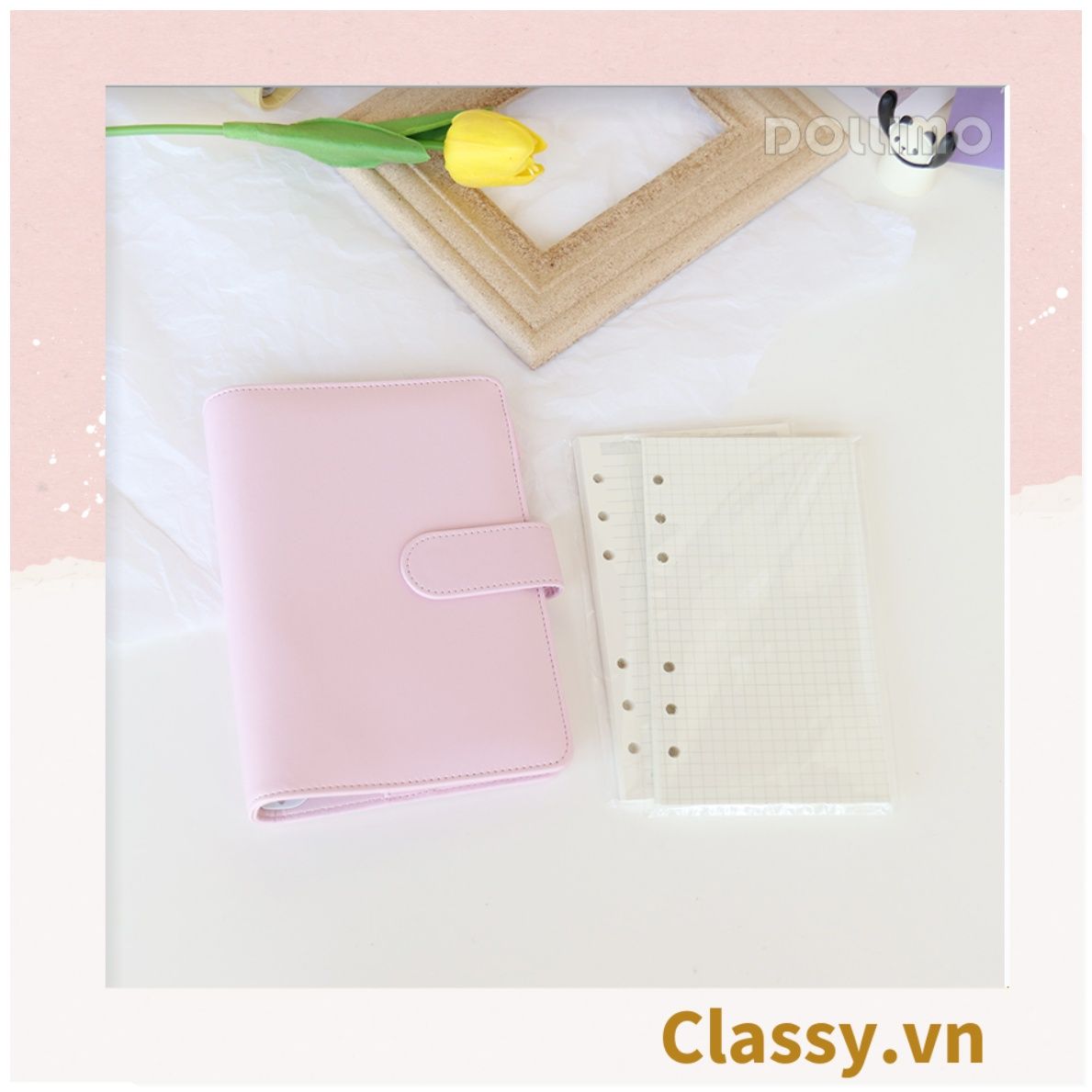 Sổ tay bìa da bìa còng ghi chú giấy màu trơn pastel, giấy kẻ ngang 200 trang có ngăn đựng thẻ, làm bút ký hoặc viết ghi chú, lên kế hoạch, PK1775