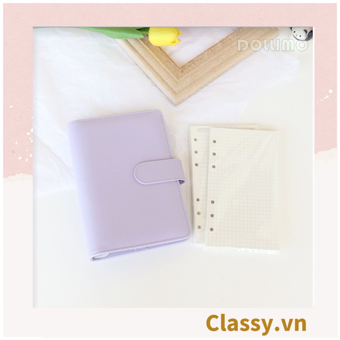 Sổ tay bìa da bìa còng ghi chú giấy màu trơn pastel, giấy kẻ ngang 200 trang có ngăn đựng thẻ, làm bút ký hoặc viết ghi chú, lên kế hoạch, PK1775