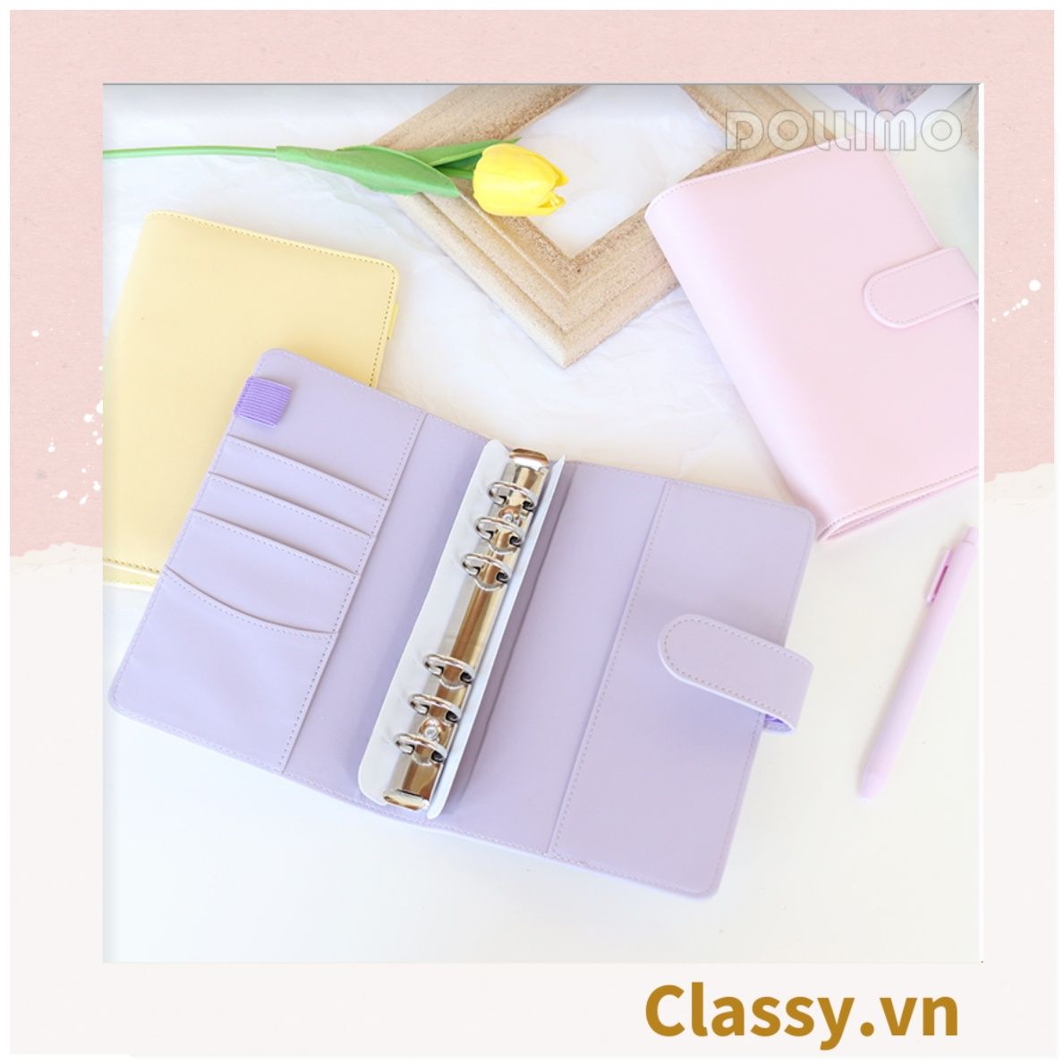Sổ tay bìa da bìa còng ghi chú giấy màu trơn pastel, giấy kẻ ngang 200 trang có ngăn đựng thẻ, làm bút ký hoặc viết ghi chú, lên kế hoạch, PK1775