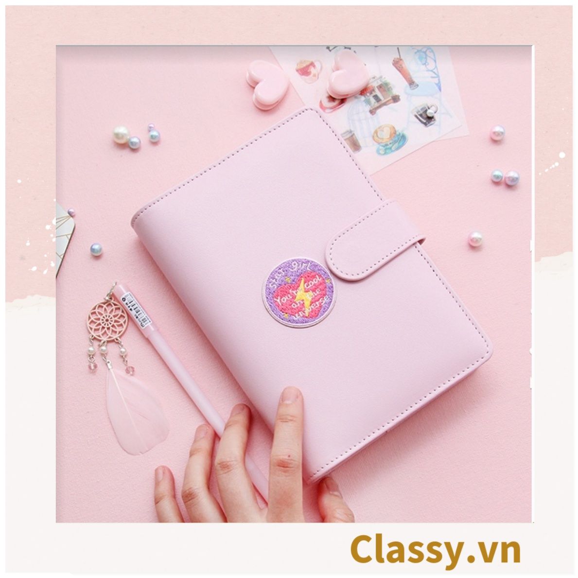 Sổ tay bìa da bìa còng ghi chú giấy màu trơn pastel, giấy kẻ ngang 200 trang có ngăn đựng thẻ, làm bút ký hoặc viết ghi chú, lên kế hoạch, PK1775