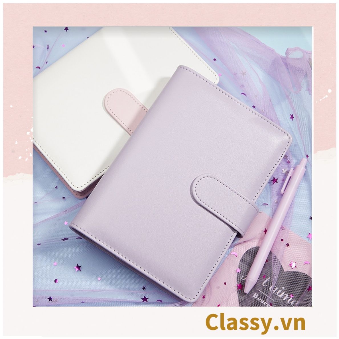 Sổ tay bìa da bìa còng ghi chú giấy màu trơn pastel, giấy kẻ ngang 200 trang có ngăn đựng thẻ, làm bút ký hoặc viết ghi chú, lên kế hoạch, PK1775