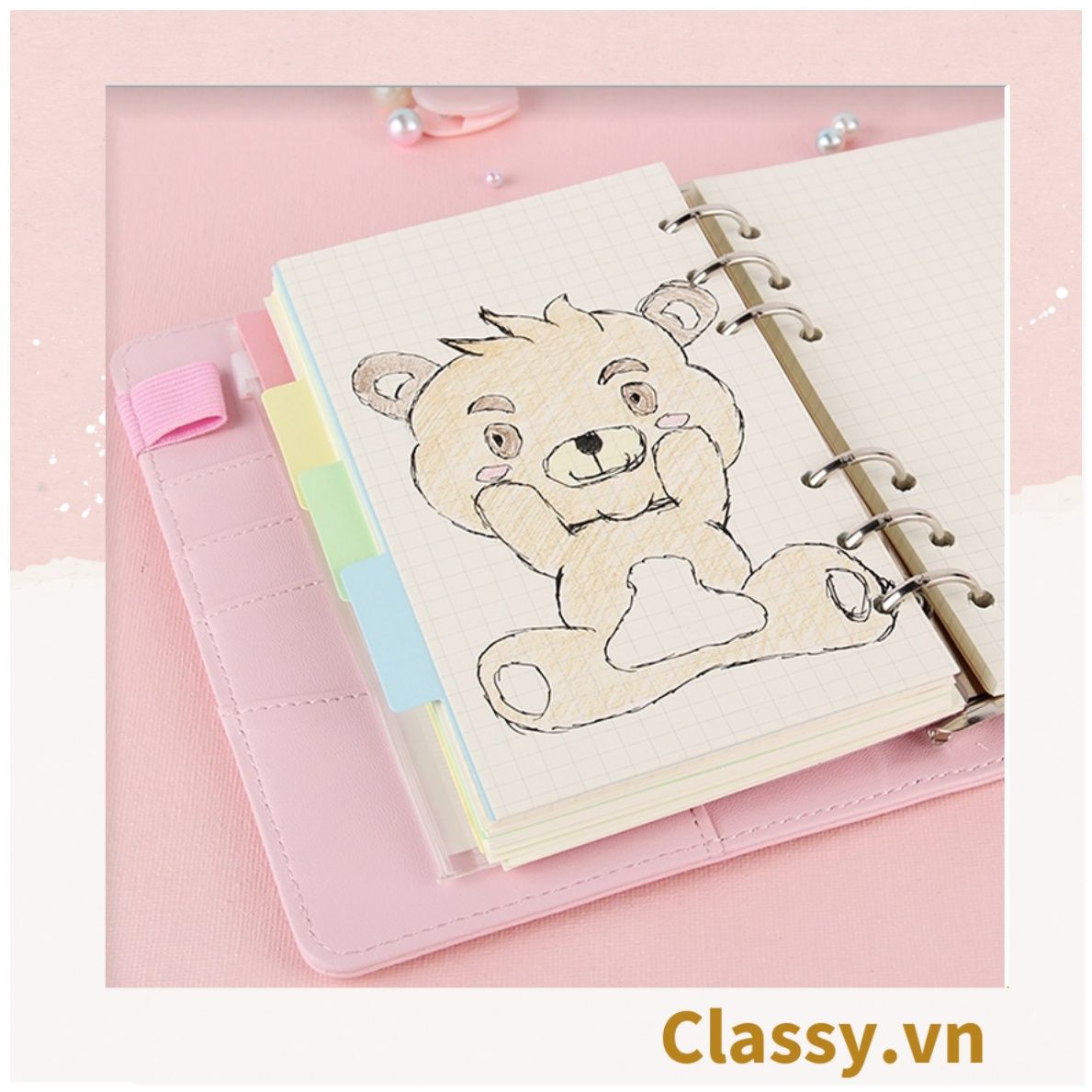 Sổ tay bìa da bìa còng ghi chú giấy màu trơn pastel, giấy kẻ ngang 200 trang có ngăn đựng thẻ, làm bút ký hoặc viết ghi chú, lên kế hoạch, PK1775